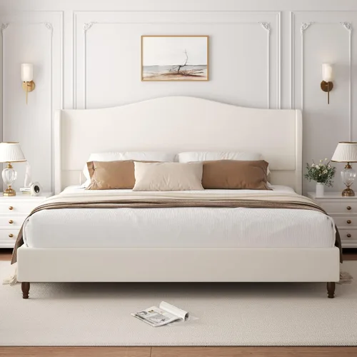 Miniatura 12 de Armazón de cama tamaño completo con cabecera de 51" de altura, marcos de cama de plataforma tapizados en chenilla con respaldo clásico curvado tipo