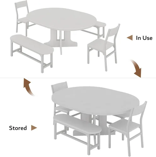 Miniatura 8 de iPormis Juego de mesa de comedor redonda de 5 piezas para 4-6, juego de mesa de comedor extensible de 59 pulgadas con 2 sillas ergonómicas y 2 Blanco