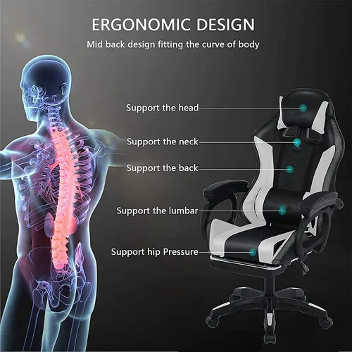Miniatura 5 de Silla ergonómica para juegos profesional con soporte lumbar de masaje completo, altavoces Bluetooth, respaldo ajustable, color blanco