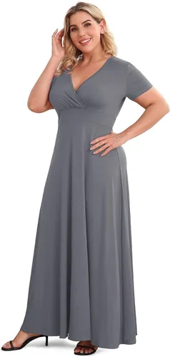 Miniatura 4 de POSESHE - Maxi-vestido de noche para fiesta para mujer con cuello en V y manga corta