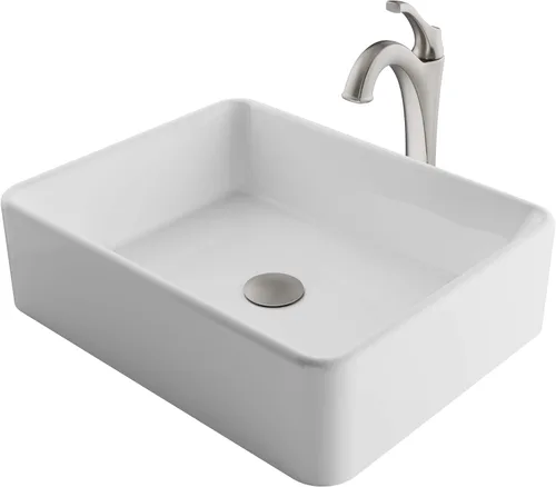 Miniatura 9 de KRAUS Elavo C-KCV-121-1200MB - Lavabo de baño de cerámica rectangular de porcelana blanca moderna de 19 pulgadas y grifo Arlo negro mate con drenaje