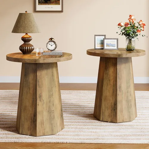 Miniatura 12 de Tribesigns Mesa Auxiliar Redonda de Estilo Rústico, Mesa Lateral de Madera para Sofá con Base Octagonal, Mesita de Noche Negra con Pedestal, Mueble