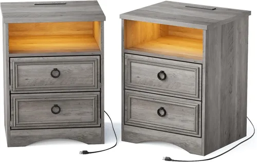Miniatura 10 de Juego de 2 mesitas de noche con 2 cajones, mesita de noche de 18 pulgadas de ancho con cajones para dormitorio, mesa auxiliar de cama grande y mesa