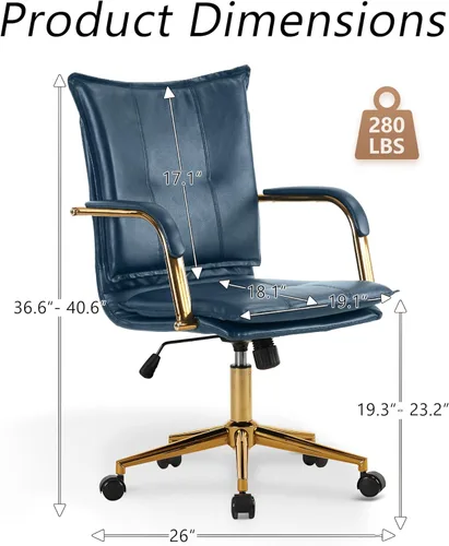 Miniatura 2 de MOJAY Silla de Oficina Ergonómica de Cuero con Respaldo Medio, Silla de Escritorio Ejecutiva Moderna Tapizada con Marco Dorado, Reposabrazos, Silla
