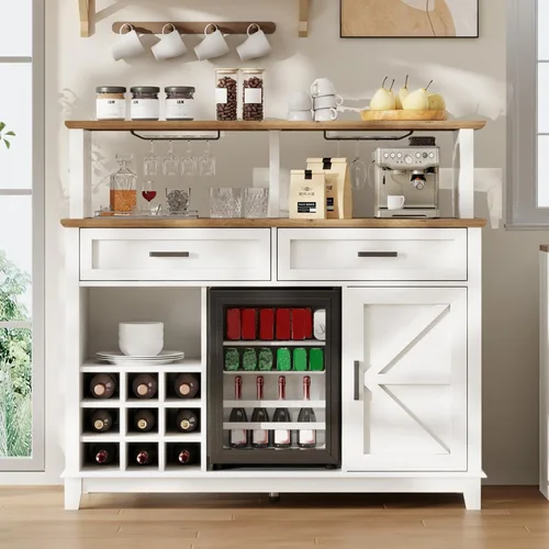 LUXOAK Gabinete de Bar de Café Estilo Granja con Refrigerador Enfriador de Bebidas, Gabinete Rústico de Bar de Vino de 47" con Mini Refrigerador de