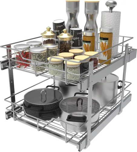 Miniatura 9 de Organizador de gabinete extraíble de 2 niveles de 18 pulgadas de ancho x 22 pulgadas de profundidad, cajones deslizantes para gabinetes de cocina, 2