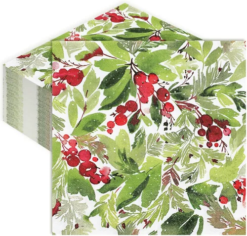 Servilleta de papel de Navidad de 6.5 x 6.5 pulgadas, para acuarela, muérdago, cena, servilleta desechable para Navidad, suministros de decoración