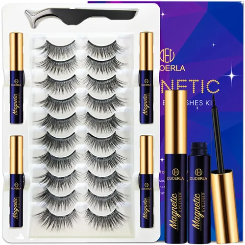 Miniatura 13 de DUOERLA - Pestañas magnéticas de aspecto natural, kit de pestañas magnéticas 3D de ojo de gato con delineador de ojos, 10 pares de 1 estilo más