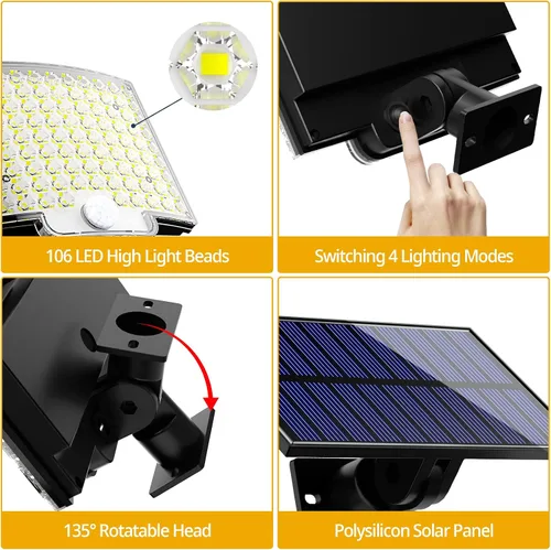 Miniatura 5 de Luces solares para exteriores, 106 LED 3000LM con sensor de movimiento, luces de inundación solares alimentadas por energía solar con control