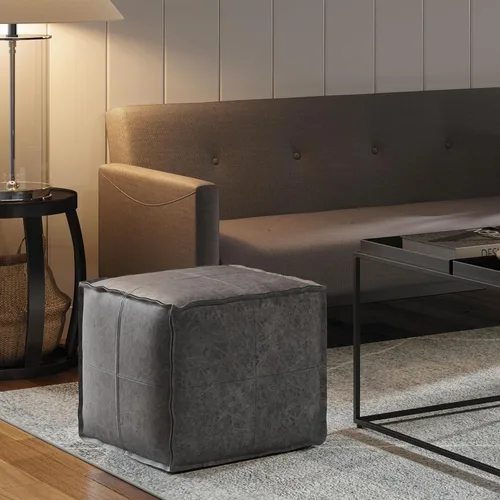 Miniatura 2 de SIMPLIHOME Brody - Puf cuadrado de 18 pulgadas de ancho x 14 pulgadas de alto, tapizado de piel vegana, color negro envejecido, reposapiés bohemio