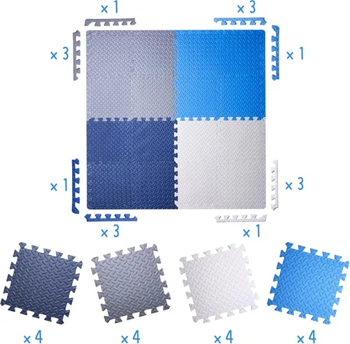 Miniatura 2 de Coolcandy Tapete de juego de espuma para bebé, 16 piezas con tiras de borde, azulejos de piso entrelazados de 4 colores, tapete de piso