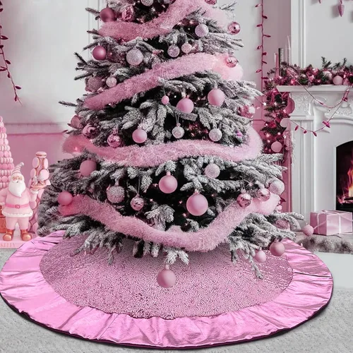 Falda de árbol rosa para árbol de 7 pies, falda de árbol de Navidad de 48 pulgadas, falda de árbol de lentejuelas con purpurina de doble capa para