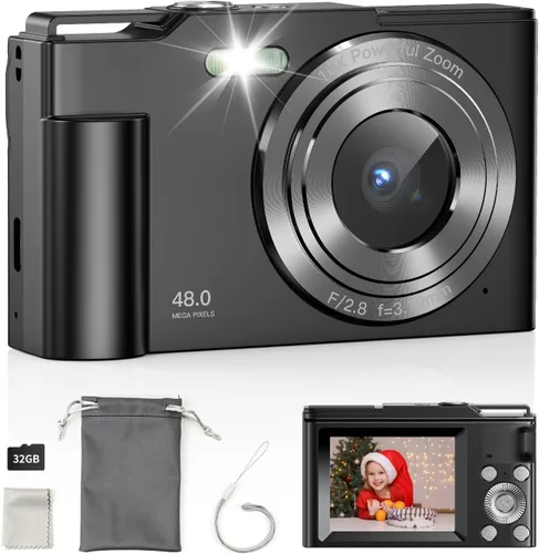 Cámara Digital para Niños, FHD 1080P Apuntar y Disparar Cámara para Niños con Zoom Digital de 16X, Anti-Vibración, Flash, Tarjeta de 32GB, Cámara de