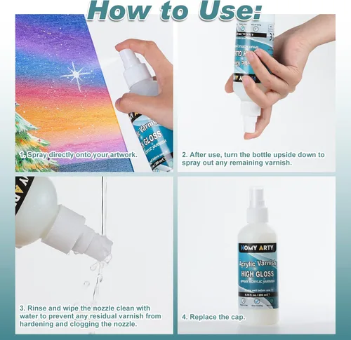 Miniatura 7 de HOMY ARTY Aerosol de barniz acrílico, barniz de alto brillo para pintura acrílica, pintura en aerosol transparente con acabado de alto brillo