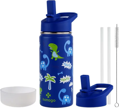 Miniatura 11 de Botella de agua para niños con aislamiento de acero inoxidable de 16 onzas, a prueba de fugas, termo de metal con tapa con pajilla, bonito vaso