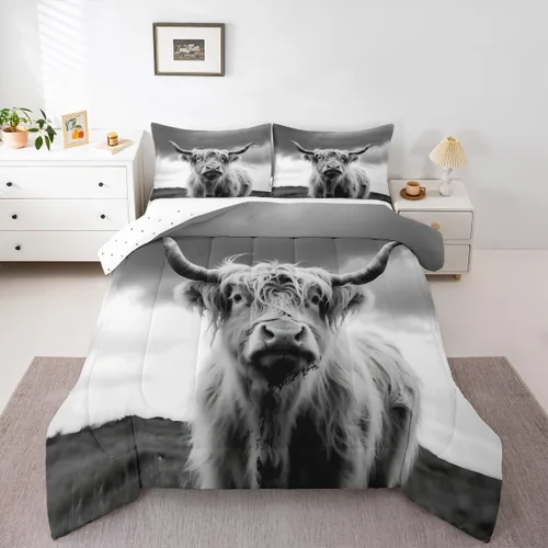 Miniatura 34 de Feelyou Juego de ropa de cama de vaca de las Highland para niños, edredón de ganado con girasol para niñas, adolescentes, juego de edredón