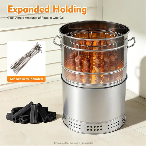 Miniatura 3 de Barbacoa portátil grande sin humo, parrilla de acero inoxidable, cubo vertical de carbón con calefacción de 360° y parrilla para picnic y campamento