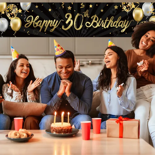 Miniatura 5 de Cartel de feliz cumpleaños 30 para hombres y mujeres, letrero de 30 años de edad de oro y negro con purpurina, suministros de decoración de fiesta