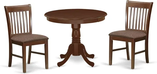 East West Furniture ANNO3-MAH-C Juego de mesa y sillas de cocina de 3 piezas contiene una mesa de comedor redonda con pedestal y 2 sillas de comedor