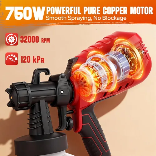 Miniatura 2 de Pistola de pintura eléctrica HVLP de 750 W, recipiente desmontable de 40.58 onzas, 4 boquillas, 3 patrones de pulverización y control de flujo