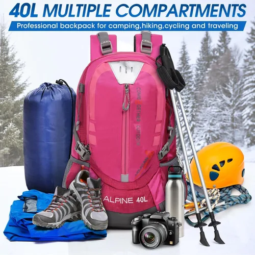 Miniatura 8 de Mochila de senderismo para acampar de 40 litros, mochila de viaje ligera con cubierta para lluvia para mujeres y hombres (rosa)
