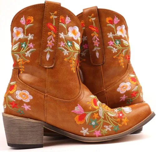 Miniatura 3 de SO SIMPOK Botas vaqueras para mujer, botas occidentales con bordado de flores, tacón grueso retro, botines cortos para montar