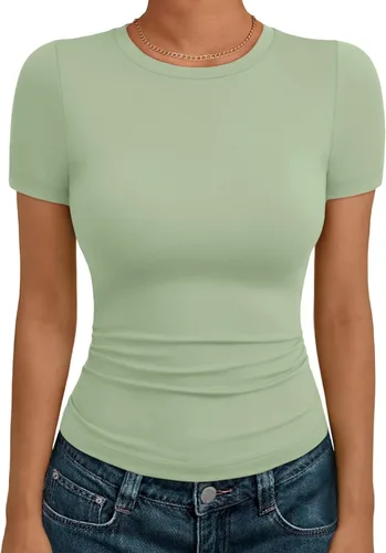 Miniatura 29 de AUTOMET - Camisetas básicas de manga corta para mujer, para verano, entrenamiento o gimnasio, con cuello redondo, ropa moderna estilo Y2K