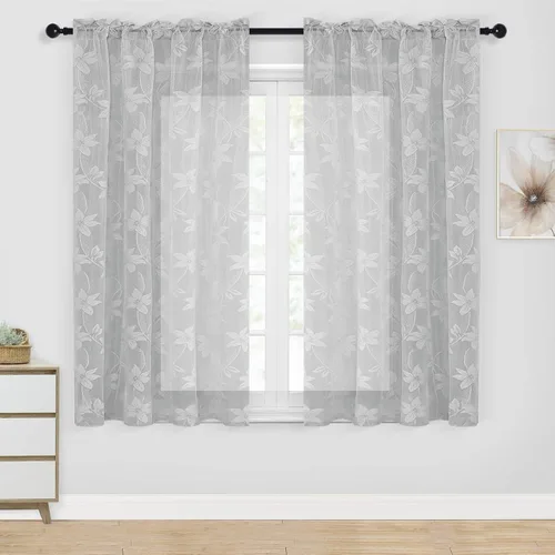 Miniatura 10 de DWCN Paquete de 2 cenefas de encaje floral para cocina, 52 x 18 pulgadas, con bolsillo para barra, cortina de gasa para ventana pequeña, cocina