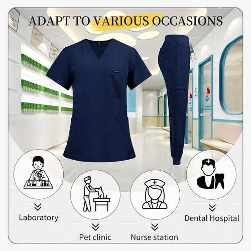 Miniatura 5 de VIAOLI Conjunto de ropa quirúrgica clásica con cuello en V y pantalón deportivo de yoga, uniforme médico de enfermería para mujer, conjunto