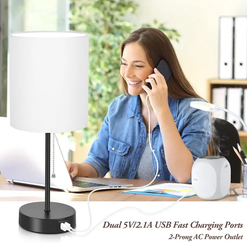 Miniatura 2 de Juego de 2 lámparas de mesa con puertos de carga USB, lámparas de noche blancas con salida de CA, lámparas de mesita de noche con interruptor