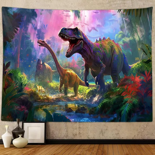 Miniatura 9 de Póster decorativo de dinosaurio para dormitorio de niños, genial animal antiguo T-Rex, tapiz de arte forestal para colgar en la pared