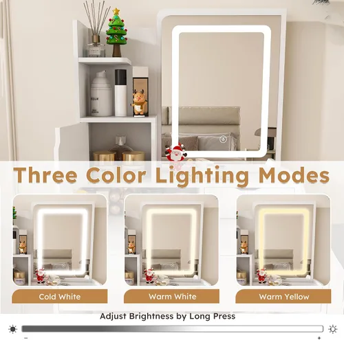 Miniatura 2 de Juego de escritorio pequeño con espejo iluminado y taburete, juego de mesa de maquillaje compacto con modelo de luz de 3 colores, mesa de maquillaje