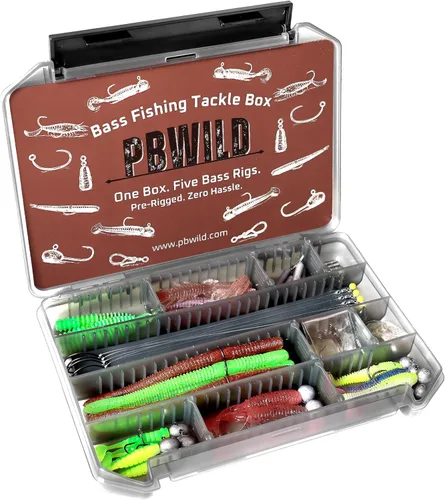 Kit de 59 piezas de caja de aparejos de pesca de lubina, sistema de 5 aparejos preaparejados para pesca en roca, jigheads, Neko, Wacky, Dropshot,