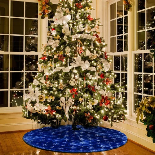 Miniatura 5 de Atiming Falda de árbol de Navidad azul de felpa de 30 pulgadas, falda de árbol de Navidad de piel azul oscuro con lentejuelas plateadas, copo
