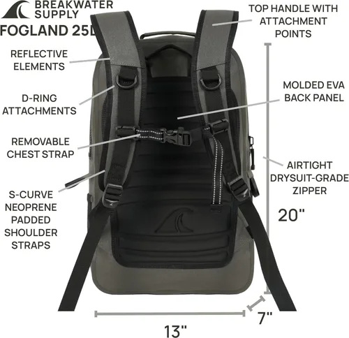 Miniatura 6 de Breakwater Supply™ Mochila impermeable IP68 sumergible con cierres herméticos Para portátil, viajes al aire libre Fogland 25L 20L 15L, 25 L