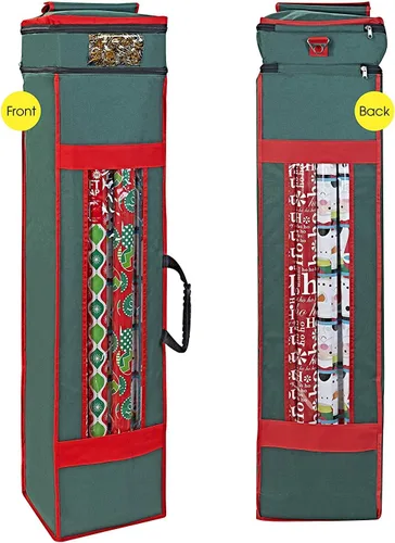 Miniatura 9 de ProPik Bolsa organizadora de almacenamiento de papel de regalo navideño con bolsillo y asas, incluyendo lazo para colgar, material resistente