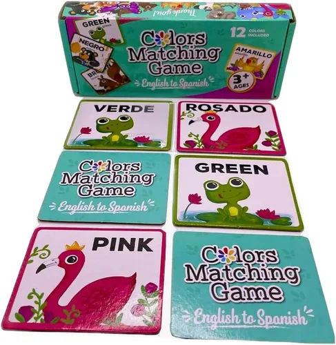 Juego de memoria a juego de colores de inglés a español. ESL e inmersión lingüística. Lectura bilingüe para niños tempranos. Aprende colores en