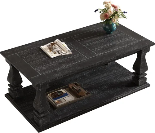 Miniatura 7 de JIVOIT Mesa de centro de granja con estante de almacenamiento, mesa auxiliar rectangular de 47.24 pulgadas de largo con parte superior de tablones
