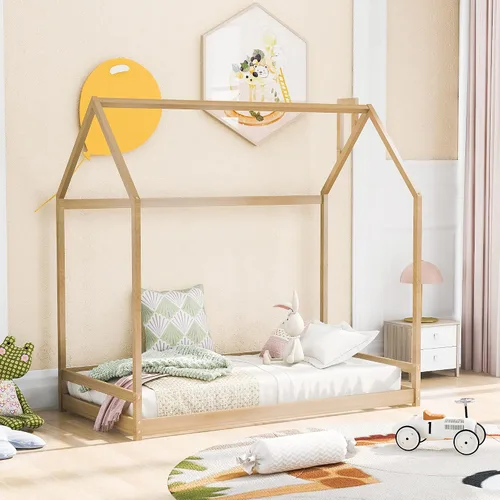 Miniatura 23 de Quarte Cama de madera de tamaño individual con valla y puerta, cama de madera en el suelo para niños y niñas, fácil montaje (gris lavado/valla y D1)