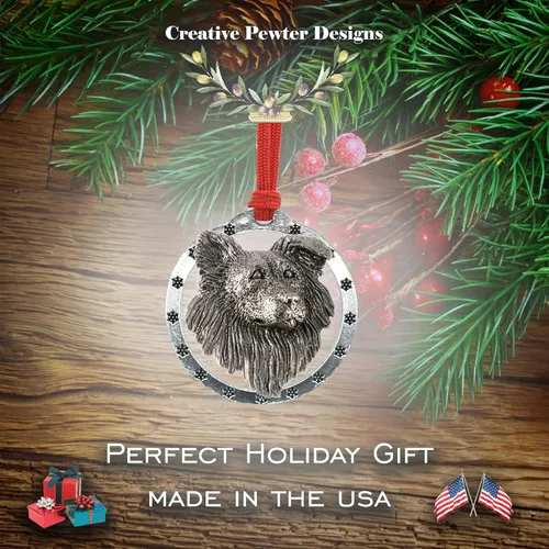 Miniatura 4 de Adorno navideño para colgar en la cabeza de collie con borde de peltre antiguo hecho a mano para decorar coronas y árboles de Navidad del hogar