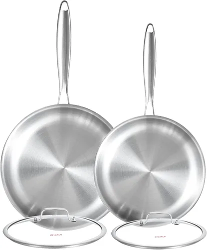 DELARLO Juego de Sartenes de Acero Inoxidable de Tres Capas con Tapa de 8" 10" Sartenes Grandes de Inducción, Sartén de Chef, Juego de Ollas y