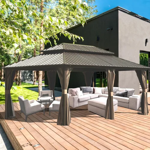 Miniatura 49 de Domi - Cenador permanente de metal con techo rígido de 8 x 8 pies, con doble techo de acero galvanizado, cortinas y malla para fiestas, bodas, Gris