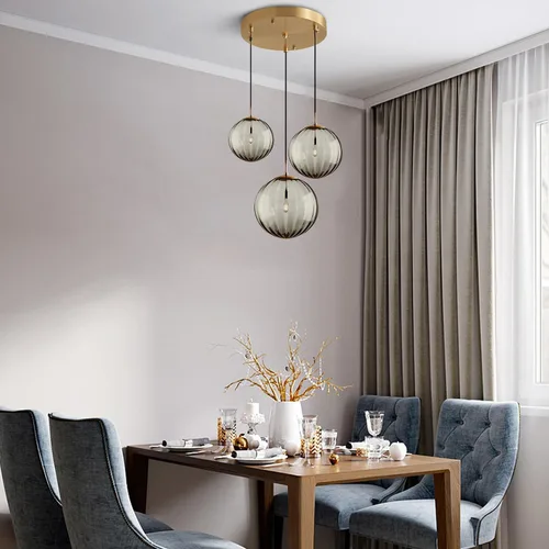 Miniatura 8 de Lámpara colgante de KCO Lighting Moderna de Oro con 3 Luces, Clúster de Globo de Vidrio Ahumado Grande, Lámpara de Araña de Latón Cepillo para Isla