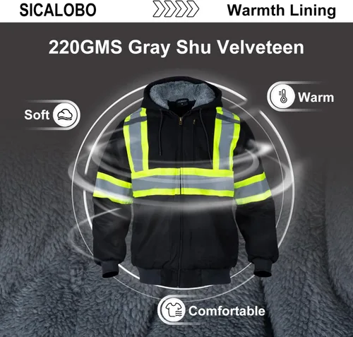 Miniatura 5 de Sudadera de forro polar con capucha de alta visibilidad para hombre, chamarra de seguridad reflectante resistente al agua y térmica de trabajo