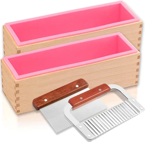 Lerykin Kit de 2 moldes de jabón rectangulares con cortadores, molde de silicona flexible de 42 onzas con caja de madera, raspador ondulado y recto