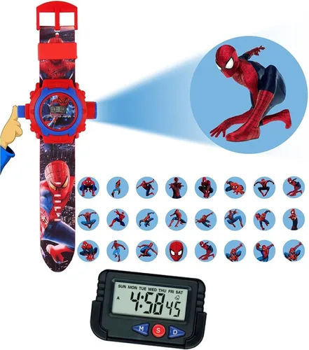 Pappi Haunt Kids Favorite - Paquete de 2 relojes de pulsera con proyector Spiderman para niños, niños y automóvil, reloj despertador de escritorio