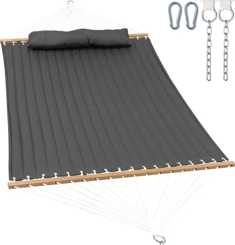 Miniatura 13 de GAFETE Hamaca de tela acolchada para 2 personas para exterior, hamacas dobles de 12 pies con barra separadora, almohada extraíble grande, bolsa