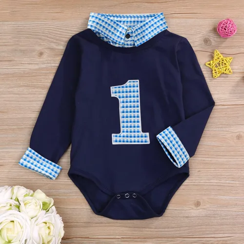 Miniatura 3 de Mameluco de manga larga para bebé niño, para primer cumpleaños, a cuadros, cuello alto
