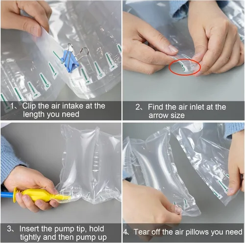 Miniatura 4 de Almohadas de aire para envío, 200 bolsas de aire inflables (3.94 x 7.88 pulgadas, 60 μm) con bomba, película de cojín reciclable para embalaje