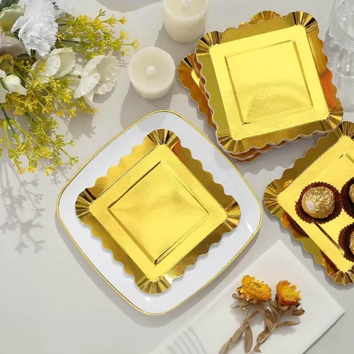 Miniatura 8 de Efavormart - Paquete de 50 platos de papel de aluminio dorado con borde festoneado de 5 pulgadas, mini platos de postre geométricos cuadrados